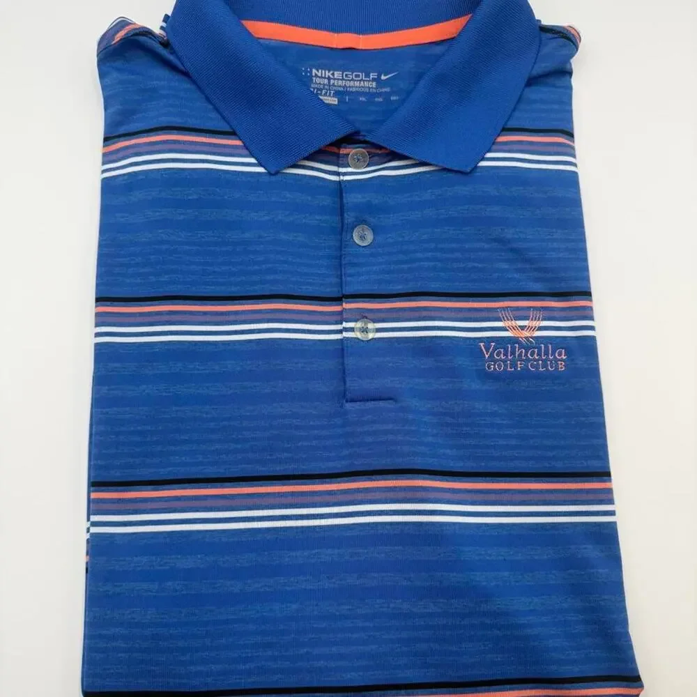 Nike Golf Dri Fit polo blue orange white stripe size XXL. Valhalla golf club
